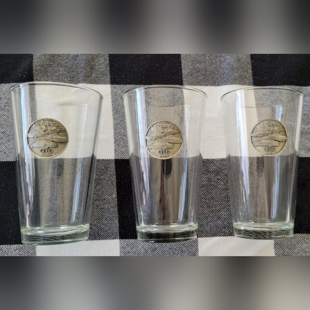AUDI Commemorative Collectors Glassware Silver Logo Medallion Set Of 3 RARE
